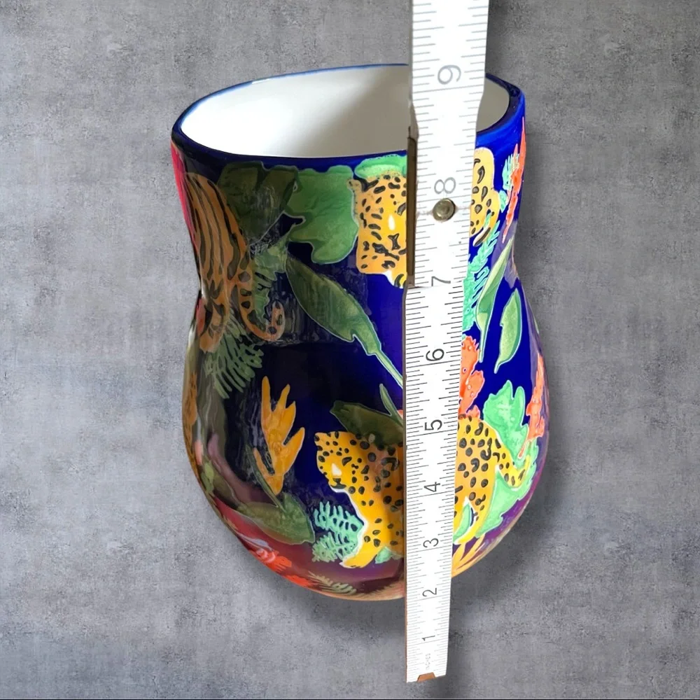 Anthropologie Leah Reena Goren Blue Tiger Cheetah Cat Flora Fauna Ceramic Vase